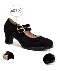 Scarpe Di Ballo Pelle Scamosciata Doppia Suola  Due Bretelle <b>Colore - Nero, Taglia - 34</b>